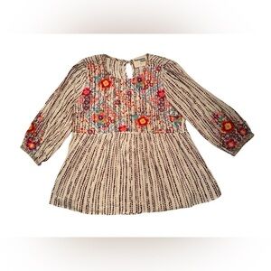 Savanna Jane Small Cream and Brown Striped Floral Embroidered 3/4 Sleeve